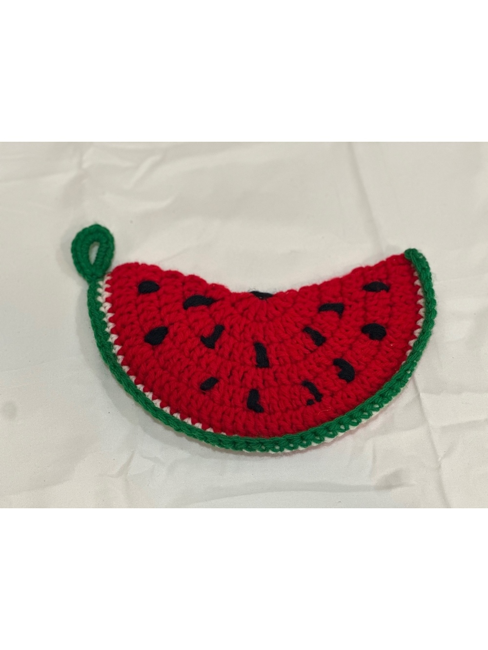 Vintage Handmade Crocheted Watermelon Slice Potholder with Loop - Red, Green